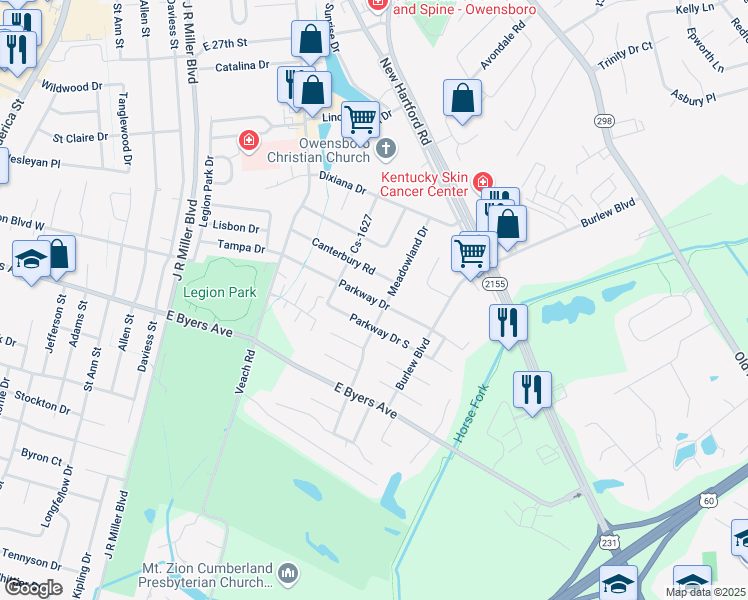 map of restaurants, bars, coffee shops, grocery stores, and more near 843 Parkway Drive in Owensboro