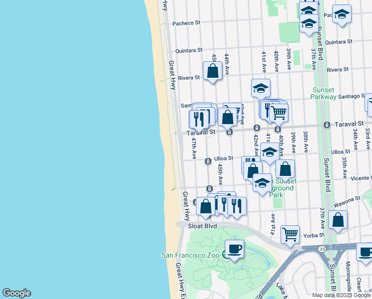 map of restaurants, bars, coffee shops, grocery stores, and more near 2490 Great Highway in San Francisco