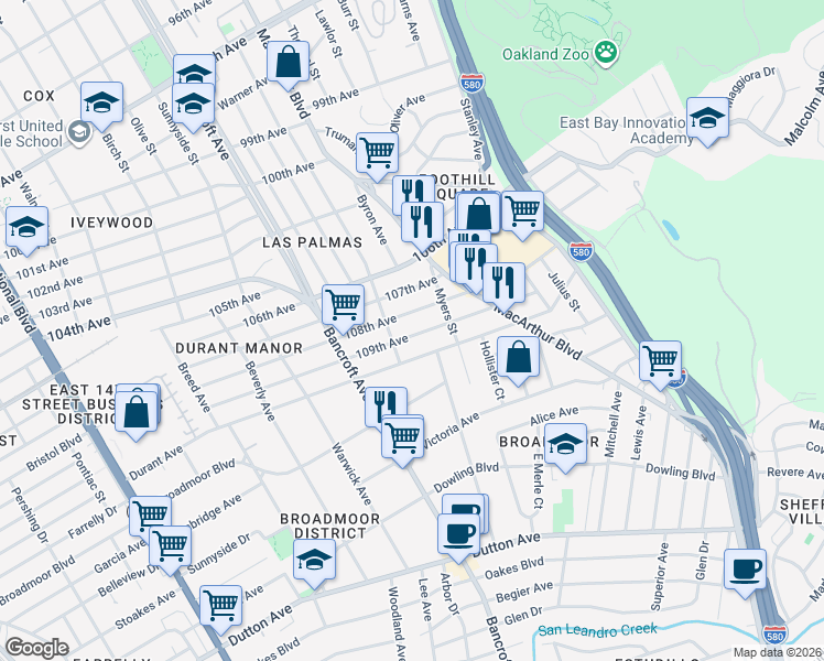 map of restaurants, bars, coffee shops, grocery stores, and more near 2381 109th Avenue in Oakland