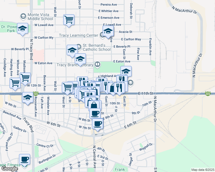map of restaurants, bars, coffee shops, grocery stores, and more near 121 East 11th Street in Tracy