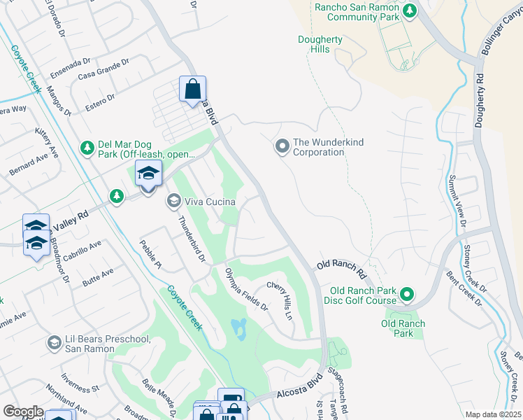 map of restaurants, bars, coffee shops, grocery stores, and more near 312 Harding Place in San Ramon