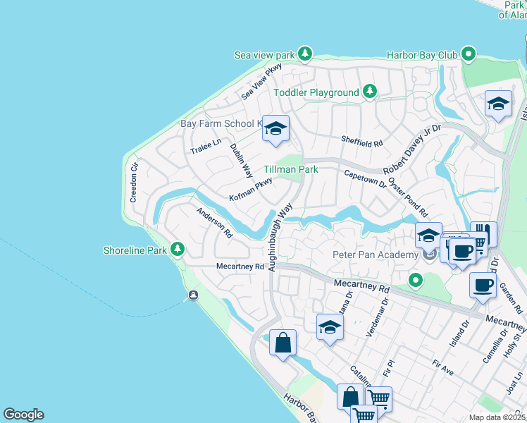 map of restaurants, bars, coffee shops, grocery stores, and more near 86 Kilkenny Place in Alameda