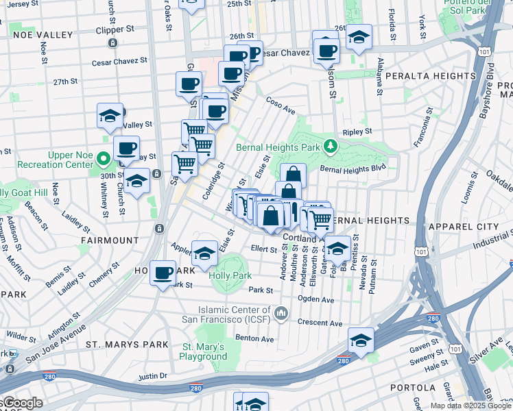 map of restaurants, bars, coffee shops, grocery stores, and more near 223 Bocana Street in San Francisco