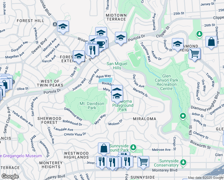 map of restaurants, bars, coffee shops, grocery stores, and more near 701 Myra Way in San Francisco