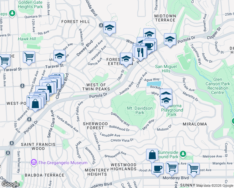 map of restaurants, bars, coffee shops, grocery stores, and more near 252 Juanita Way in San Francisco