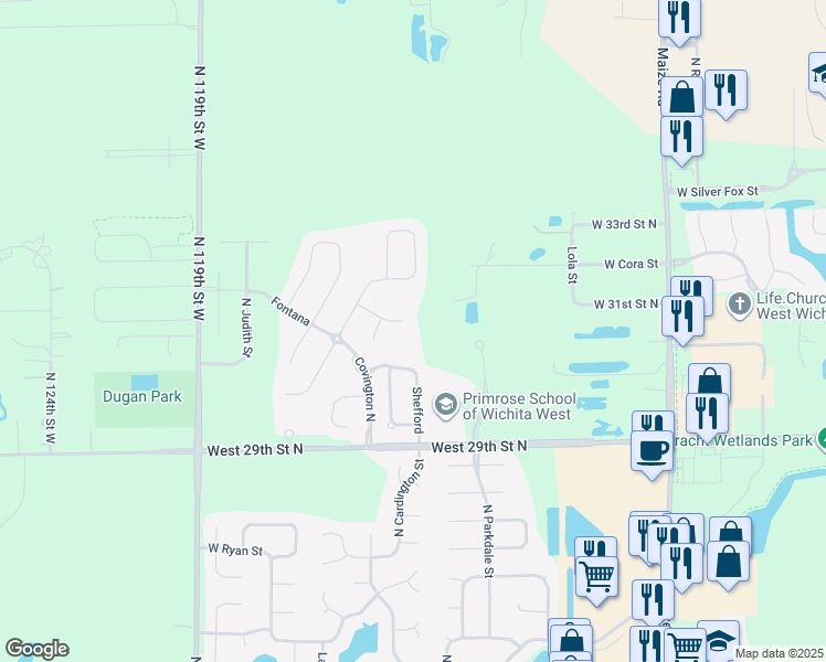 map of restaurants, bars, coffee shops, grocery stores, and more near 11301 Fontana Circle in Wichita