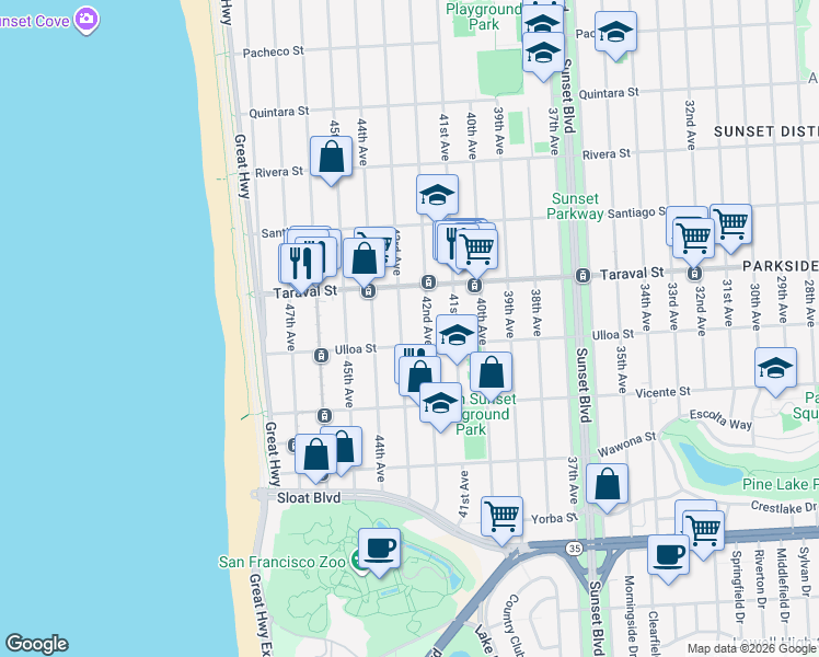 map of restaurants, bars, coffee shops, grocery stores, and more near 2501 42nd Avenue in San Francisco