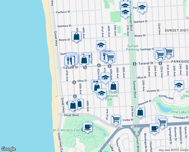 map of restaurants, bars, coffee shops, grocery stores, and more near 2470 43rd Avenue in San Francisco