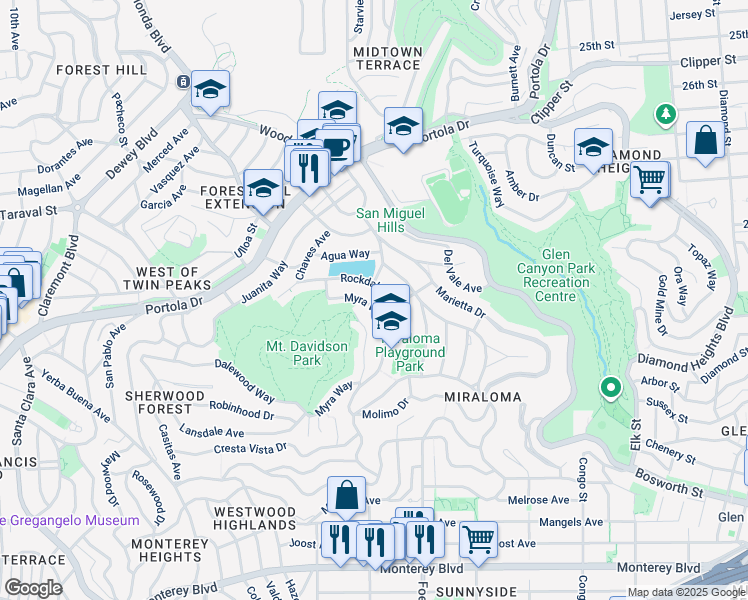 map of restaurants, bars, coffee shops, grocery stores, and more near 701 Myra Way in San Francisco