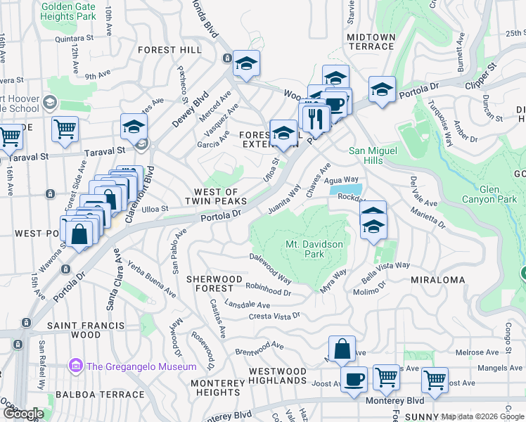 map of restaurants, bars, coffee shops, grocery stores, and more near 252 Juanita Way in San Francisco