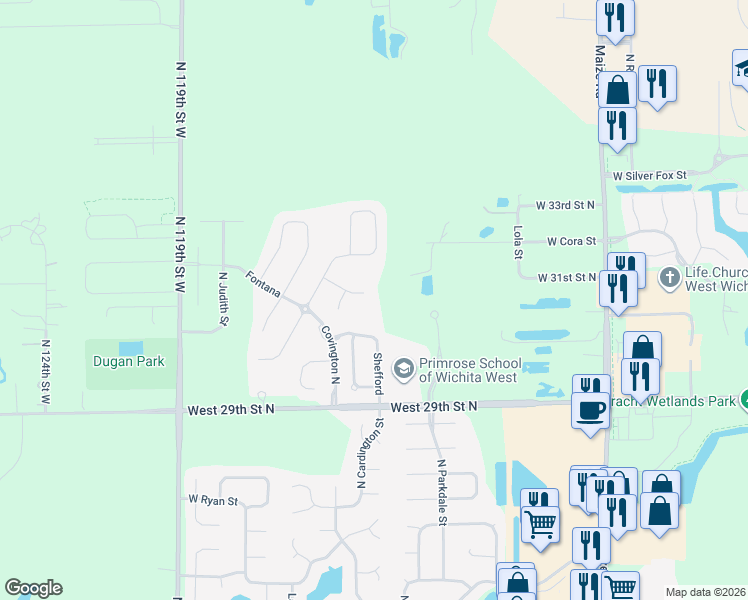 map of restaurants, bars, coffee shops, grocery stores, and more near 11301 Fontana Circle in Wichita