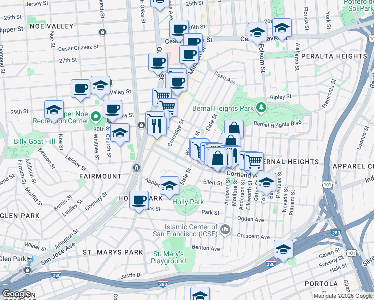 map of restaurants, bars, coffee shops, grocery stores, and more near 201 Cortland Avenue in San Francisco