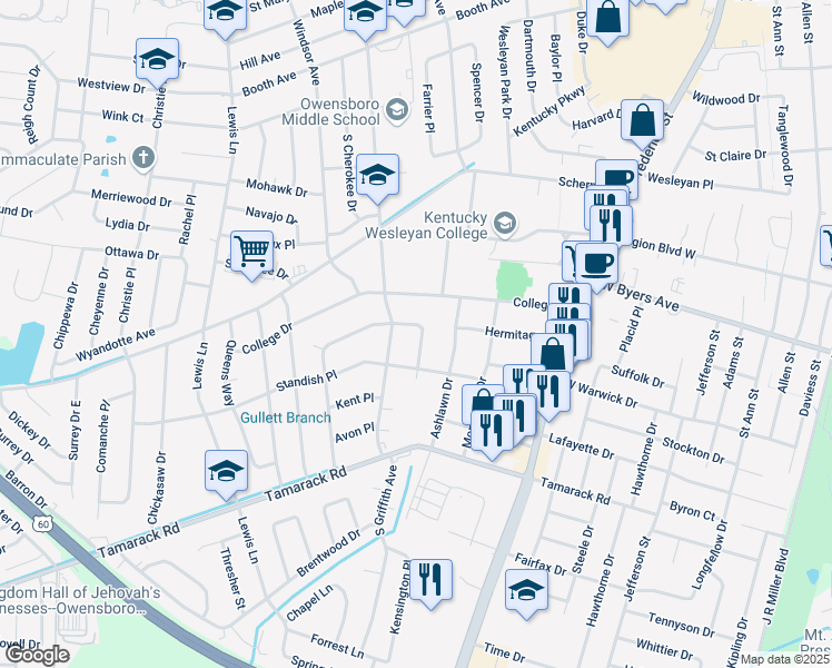 map of restaurants, bars, coffee shops, grocery stores, and more near 1306 Marycrest Drive in Owensboro