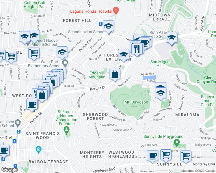 map of restaurants, bars, coffee shops, grocery stores, and more near Portola Dr & Marne Ave in San Francisco