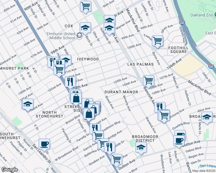 map of restaurants, bars, coffee shops, grocery stores, and more near 1828 106th Avenue in Oakland