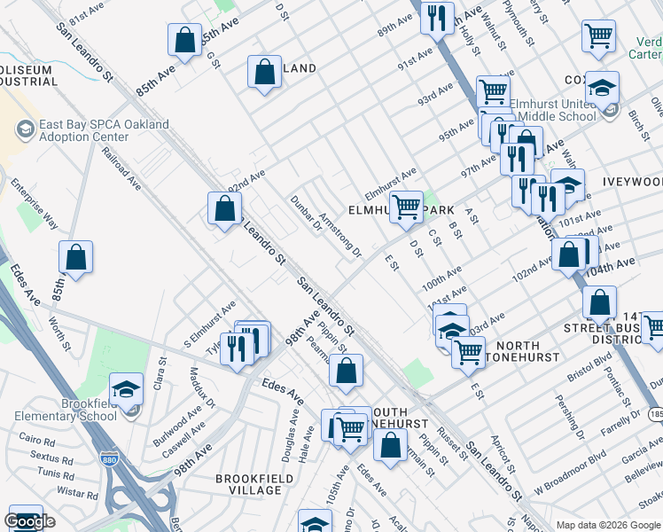 map of restaurants, bars, coffee shops, grocery stores, and more near in Oakland