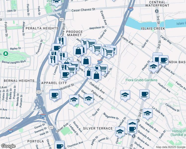 map of restaurants, bars, coffee shops, grocery stores, and more near 2065 Newcomb Avenue in San Francisco