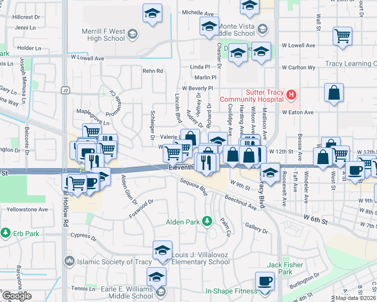 map of restaurants, bars, coffee shops, grocery stores, and more near 1451 West 11th Street in Tracy