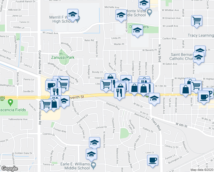 map of restaurants, bars, coffee shops, grocery stores, and more near 1451 West 11th Street in Tracy