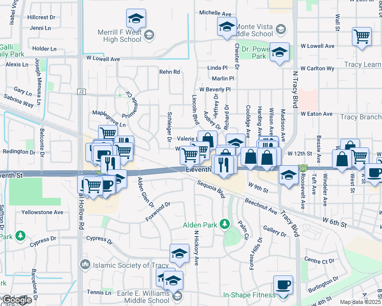 map of restaurants, bars, coffee shops, grocery stores, and more near 1615 West 11th Street in Tracy