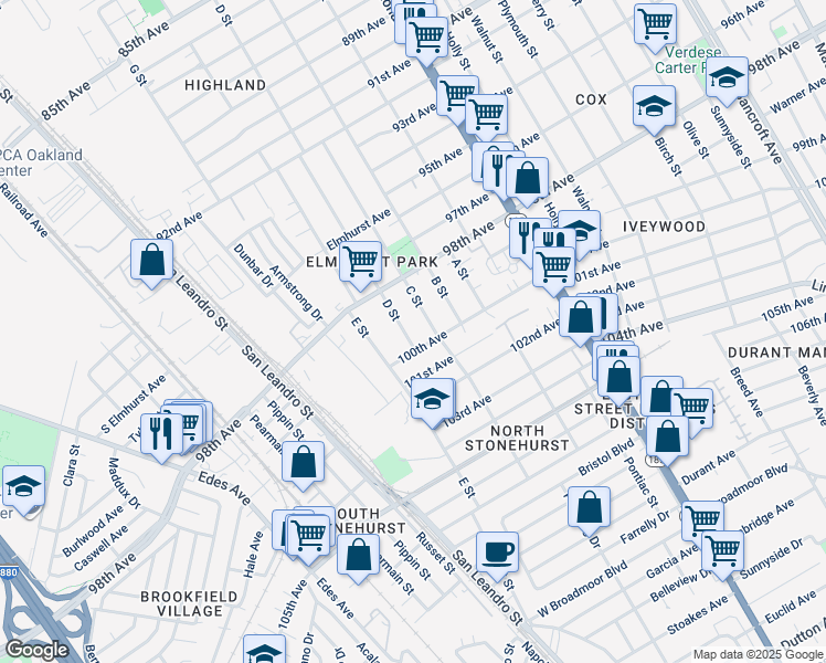 map of restaurants, bars, coffee shops, grocery stores, and more near 1073 100th Avenue in Oakland