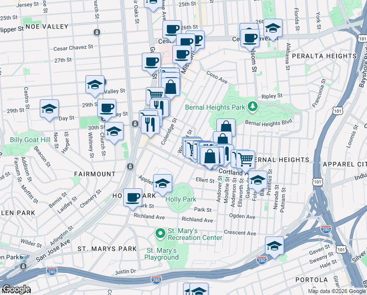 map of restaurants, bars, coffee shops, grocery stores, and more near 201 Cortland Avenue in San Francisco