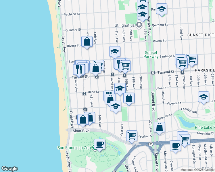 map of restaurants, bars, coffee shops, grocery stores, and more near 2501 42nd Avenue in San Francisco
