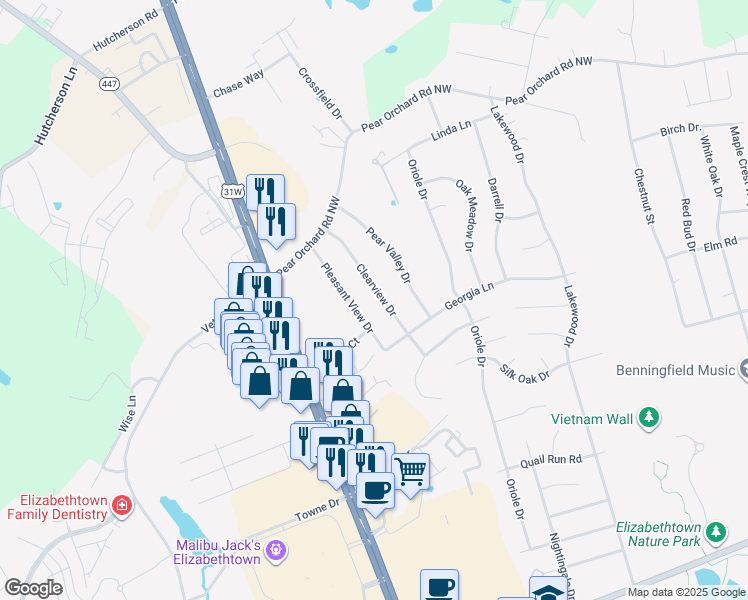 map of restaurants, bars, coffee shops, grocery stores, and more near 2010 Clearview Dr in Elizabethtown