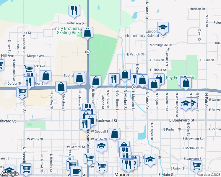 map of restaurants, bars, coffee shops, grocery stores, and more near 1106 North Van Buren Street in Marion