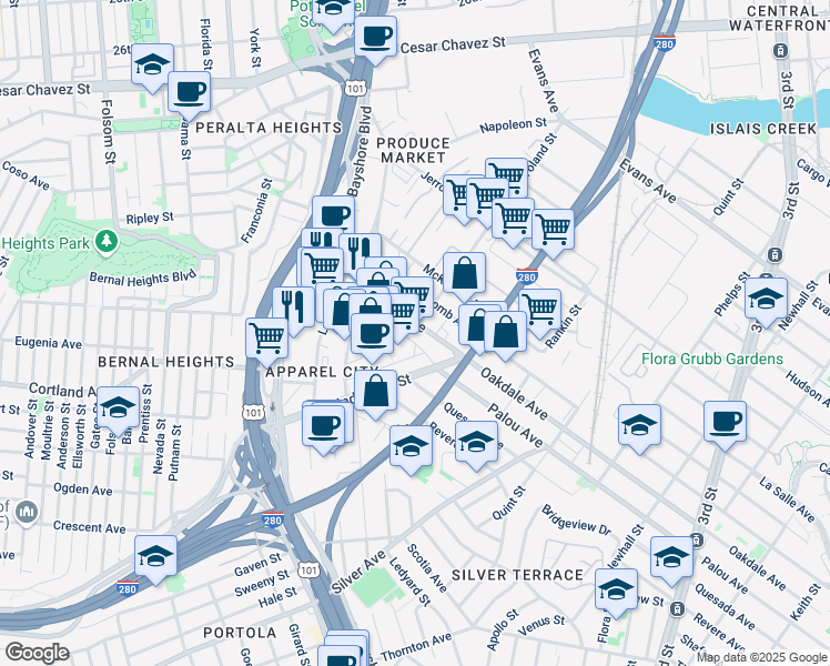 map of restaurants, bars, coffee shops, grocery stores, and more near 6 Dorman Avenue in San Francisco