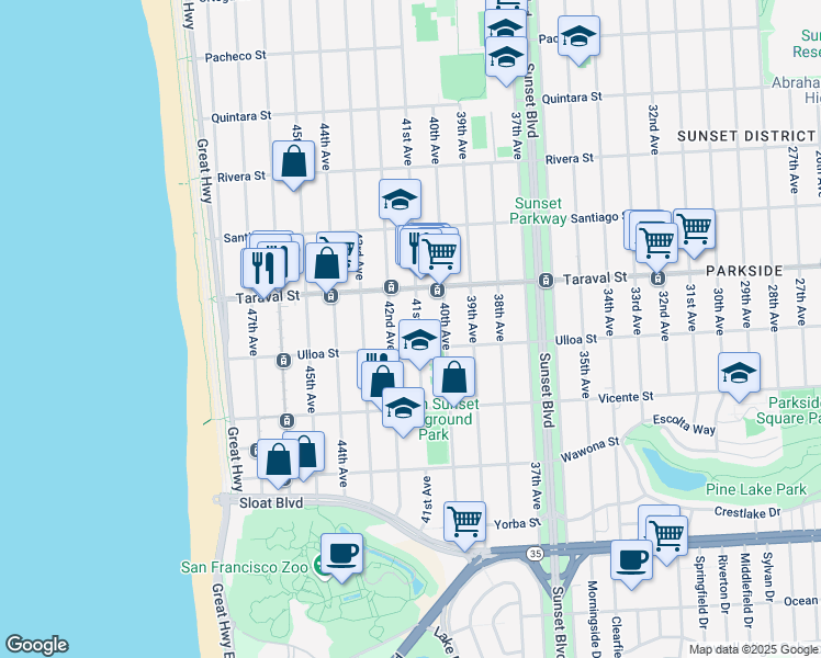 map of restaurants, bars, coffee shops, grocery stores, and more near 2426 41st Avenue in San Francisco