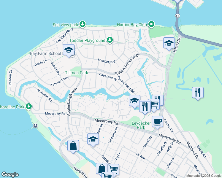 map of restaurants, bars, coffee shops, grocery stores, and more near 137 Basinside Way in Alameda