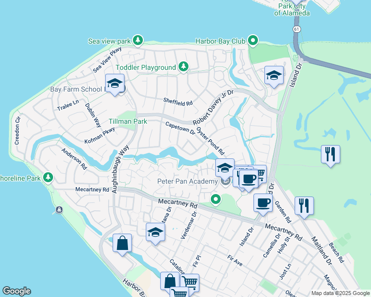 map of restaurants, bars, coffee shops, grocery stores, and more near 137 Basinside Way in Alameda