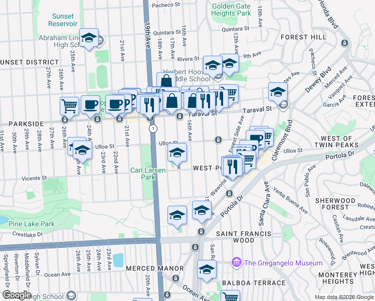 map of restaurants, bars, coffee shops, grocery stores, and more near 1444 Ulloa Street in San Francisco