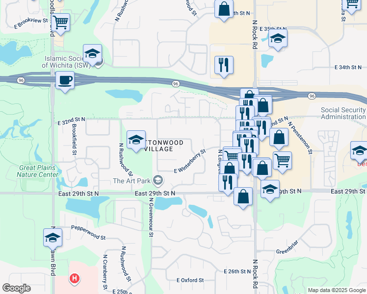 map of restaurants, bars, coffee shops, grocery stores, and more near 7439 East 31st Court North in Wichita
