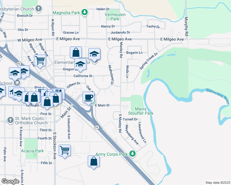 map of restaurants, bars, coffee shops, grocery stores, and more near 700 Montana Street in Ripon