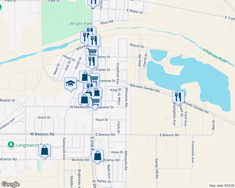 map of restaurants, bars, coffee shops, grocery stores, and more near 302 King Street in Dodge City