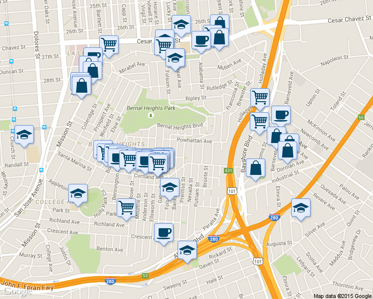 map of restaurants, bars, coffee shops, grocery stores, and more near 98 Prentiss Street in San Francisco