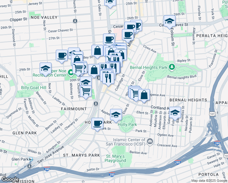 map of restaurants, bars, coffee shops, grocery stores, and more near 3395 Mission Street in San Francisco