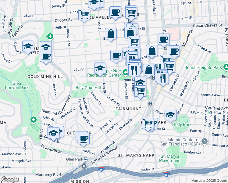 map of restaurants, bars, coffee shops, grocery stores, and more near in San Francisco