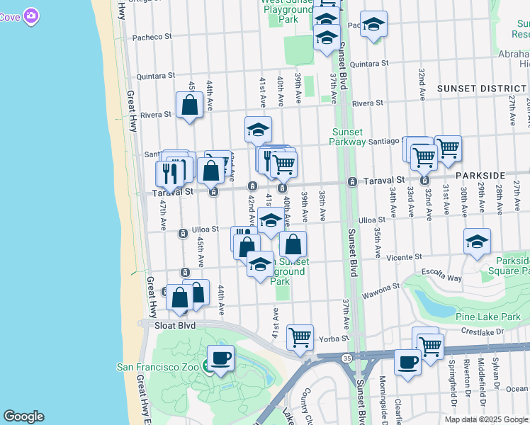 map of restaurants, bars, coffee shops, grocery stores, and more near 2426 41st Avenue in San Francisco