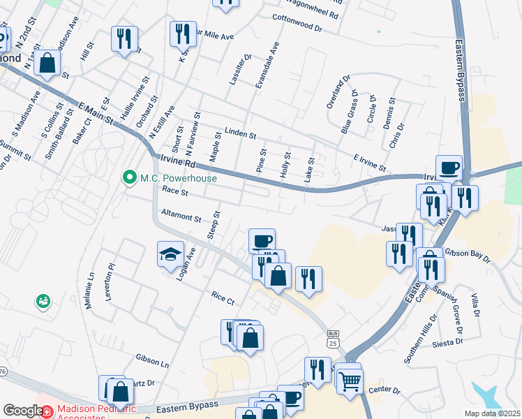 map of restaurants, bars, coffee shops, grocery stores, and more near 1424 East Main Street in Richmond