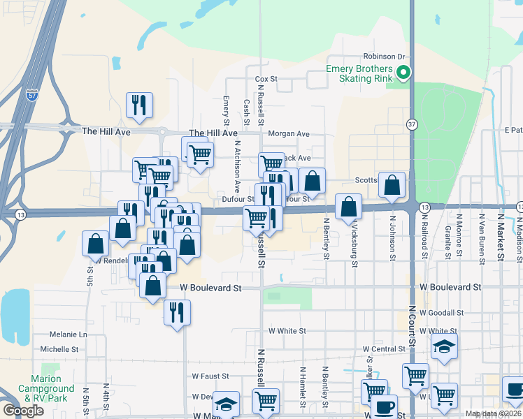 map of restaurants, bars, coffee shops, grocery stores, and more near 1598 West Dufour Street in Marion