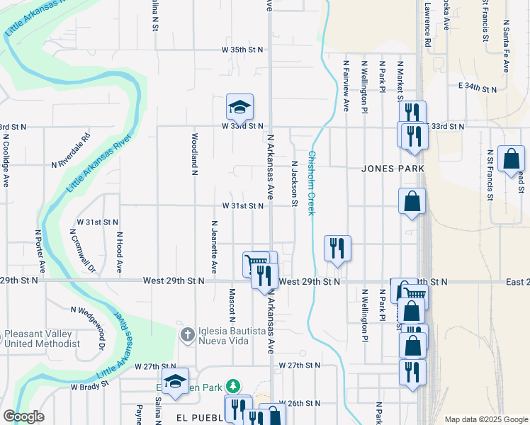map of restaurants, bars, coffee shops, grocery stores, and more near 3233 North Arkansas in Wichita
