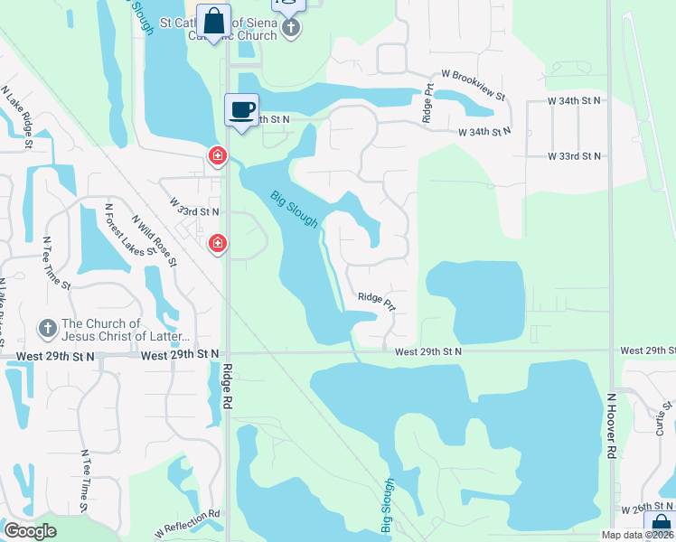 map of restaurants, bars, coffee shops, grocery stores, and more near 6614 W Shadow Lakes St in Wichita