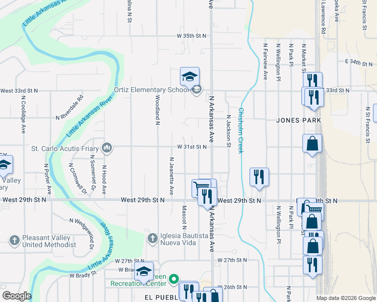 map of restaurants, bars, coffee shops, grocery stores, and more near 3158 Mascot North in Wichita