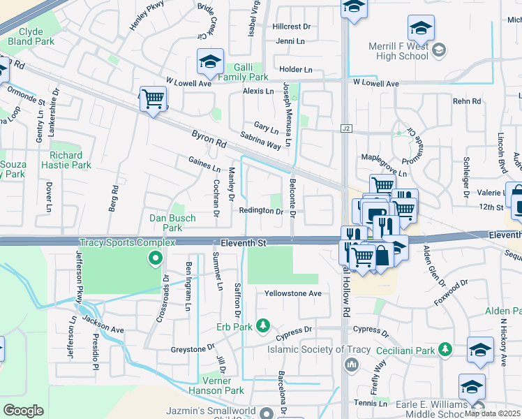 map of restaurants, bars, coffee shops, grocery stores, and more near Redington Drive in Tracy