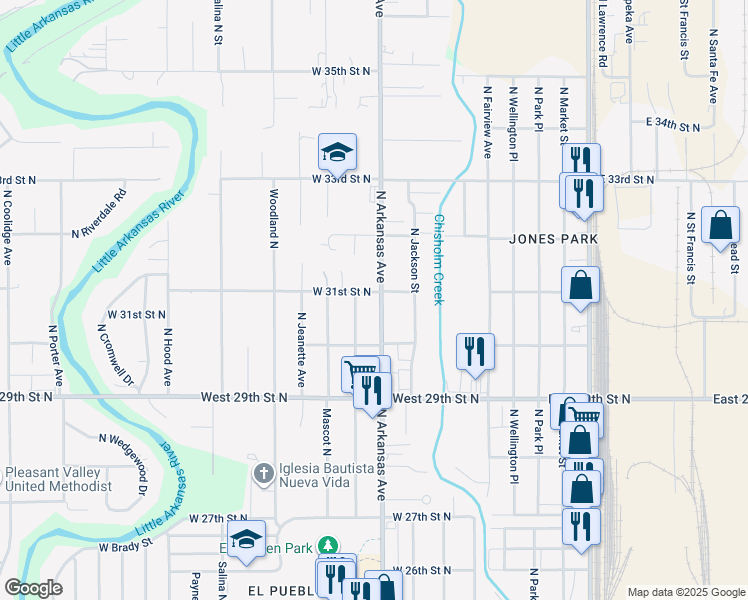 map of restaurants, bars, coffee shops, grocery stores, and more near 3233 North Arkansas in Wichita