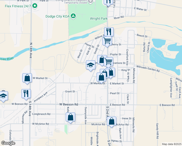 map of restaurants, bars, coffee shops, grocery stores, and more near 511 Sunnyside Avenue in Dodge City