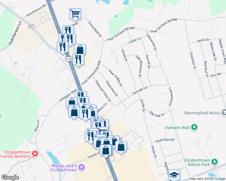 map of restaurants, bars, coffee shops, grocery stores, and more near 2010 Clearview Drive in Elizabethtown